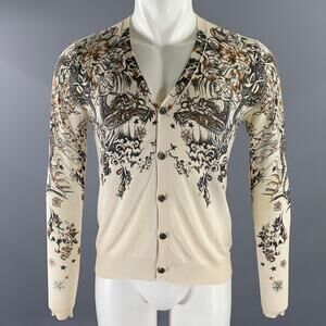 JOHN RICHMOND Size S Cream Tan Dragon Print Cotton Silk Cardigan